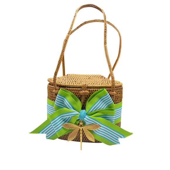 Bosom Buddy Handbags - Bosom Buddy Purse Firefly Woven Basket Mini Tote Handles Ribbon Trim Blue Green